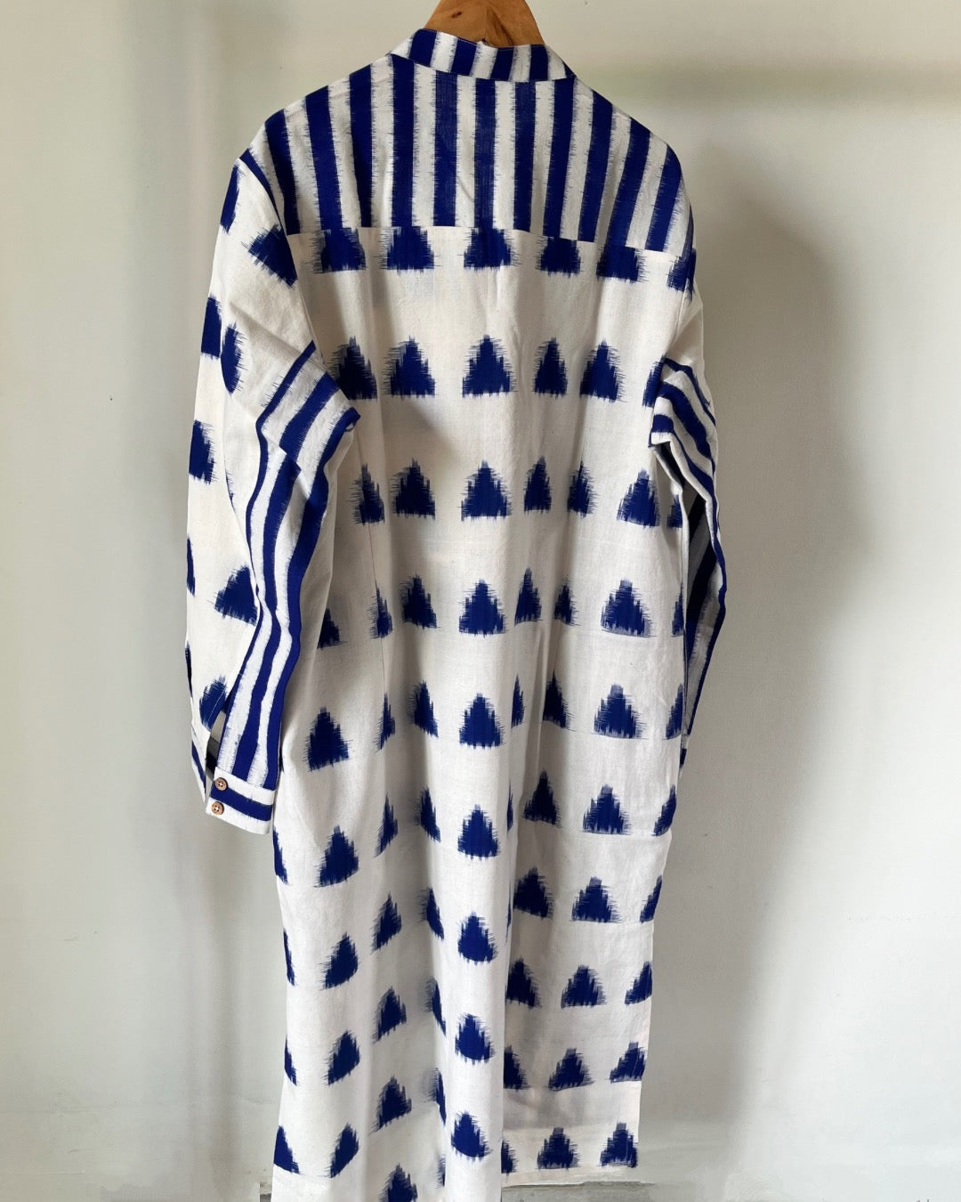 Shirt Dress - indigo ikkat triangles and stripes