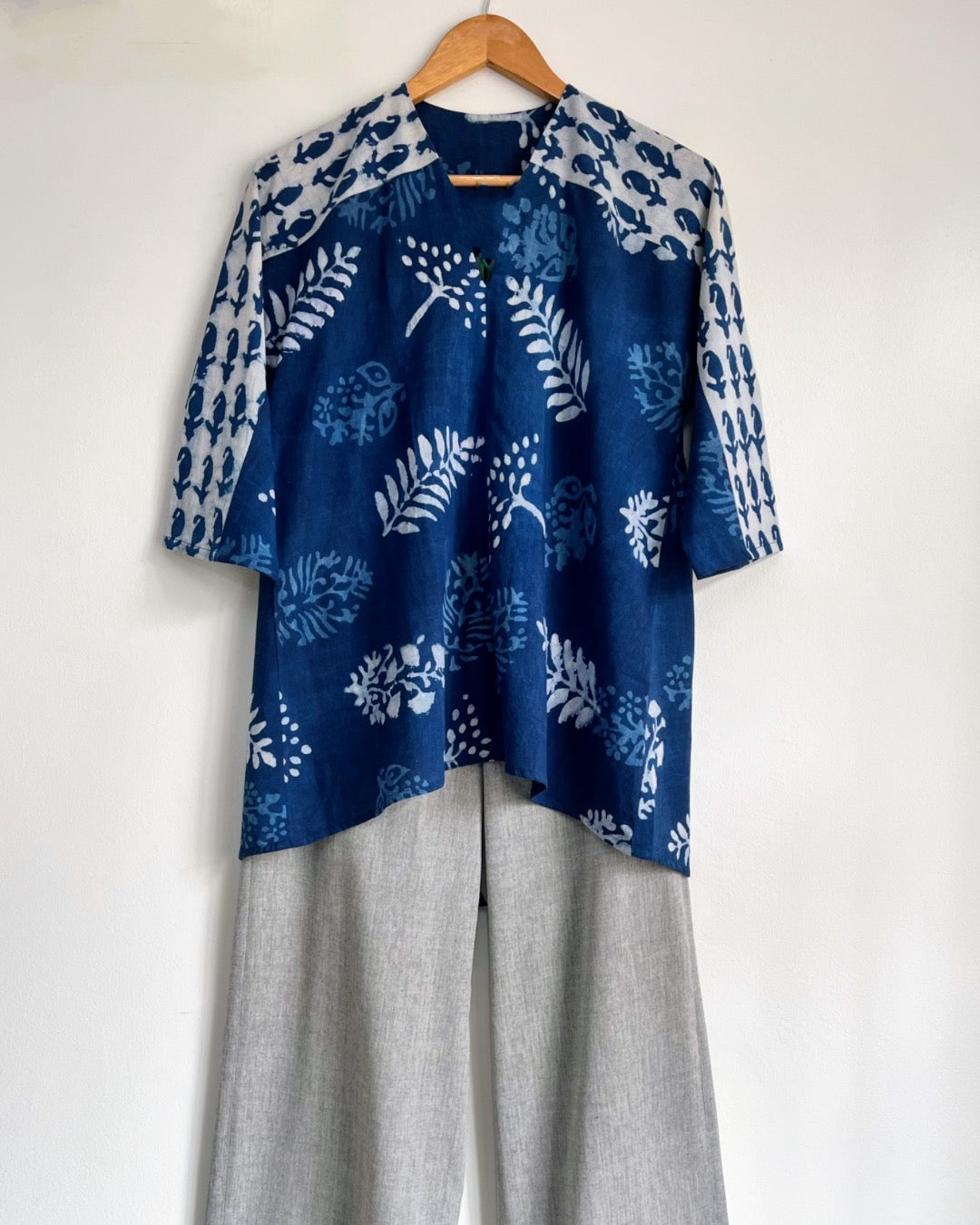 Fly Away Top - Indigo Leaf Block Print