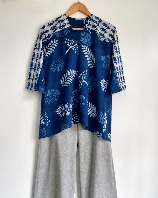 Fly Away Top - Indigo Leaf Block Print