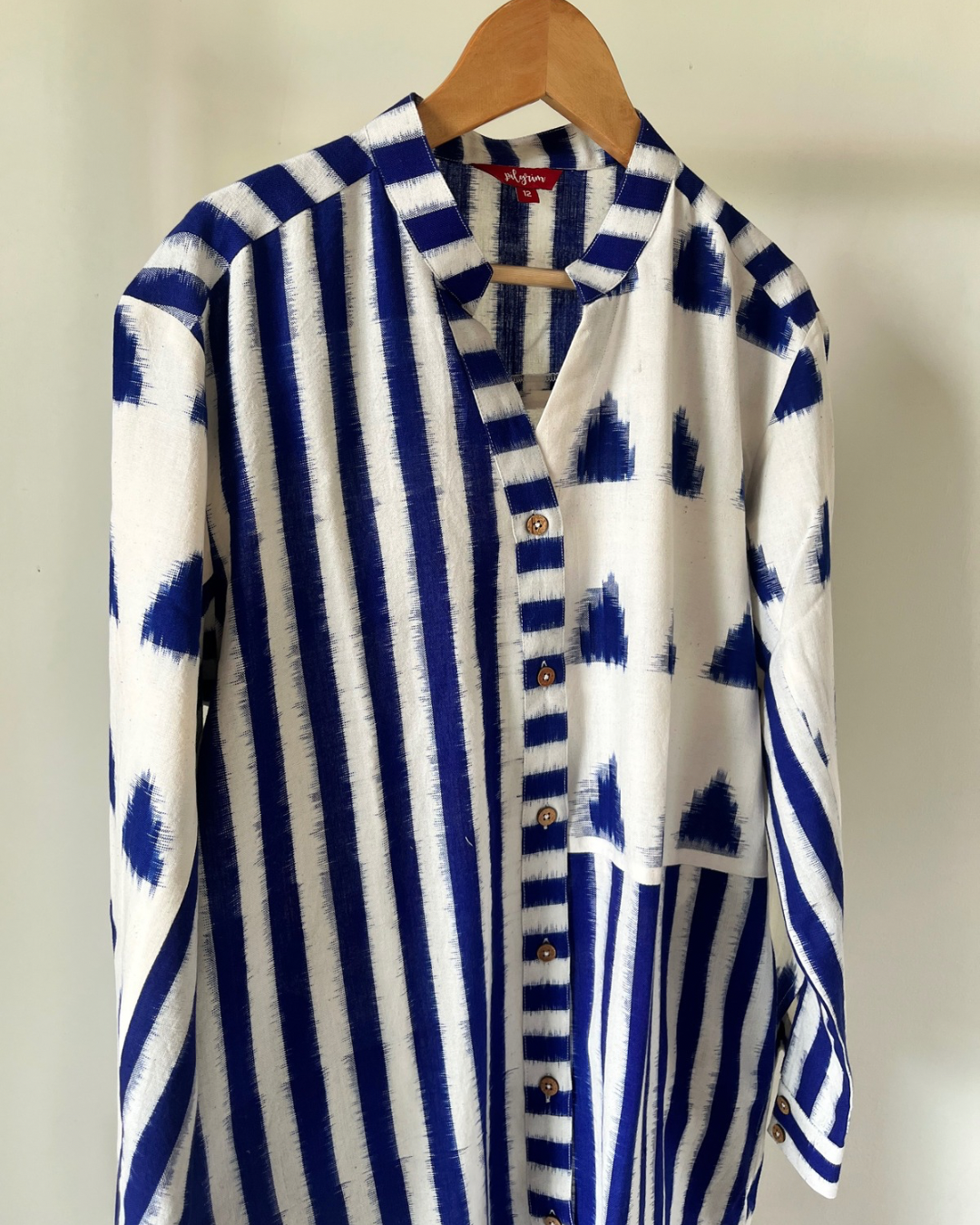 Shirt Dress - indigo ikkat triangles and stripes