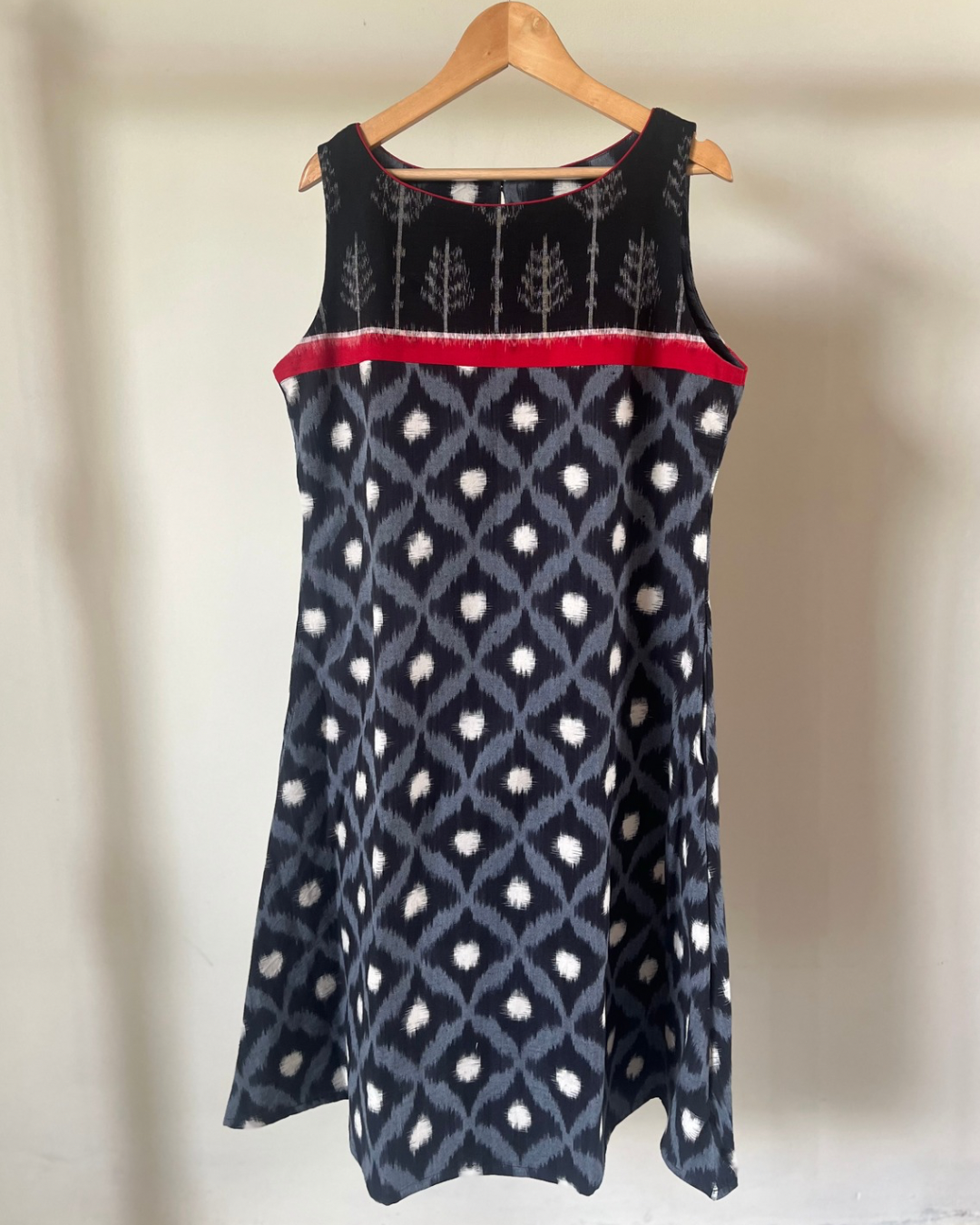 Amrit Dress - black ikkat with red contrast