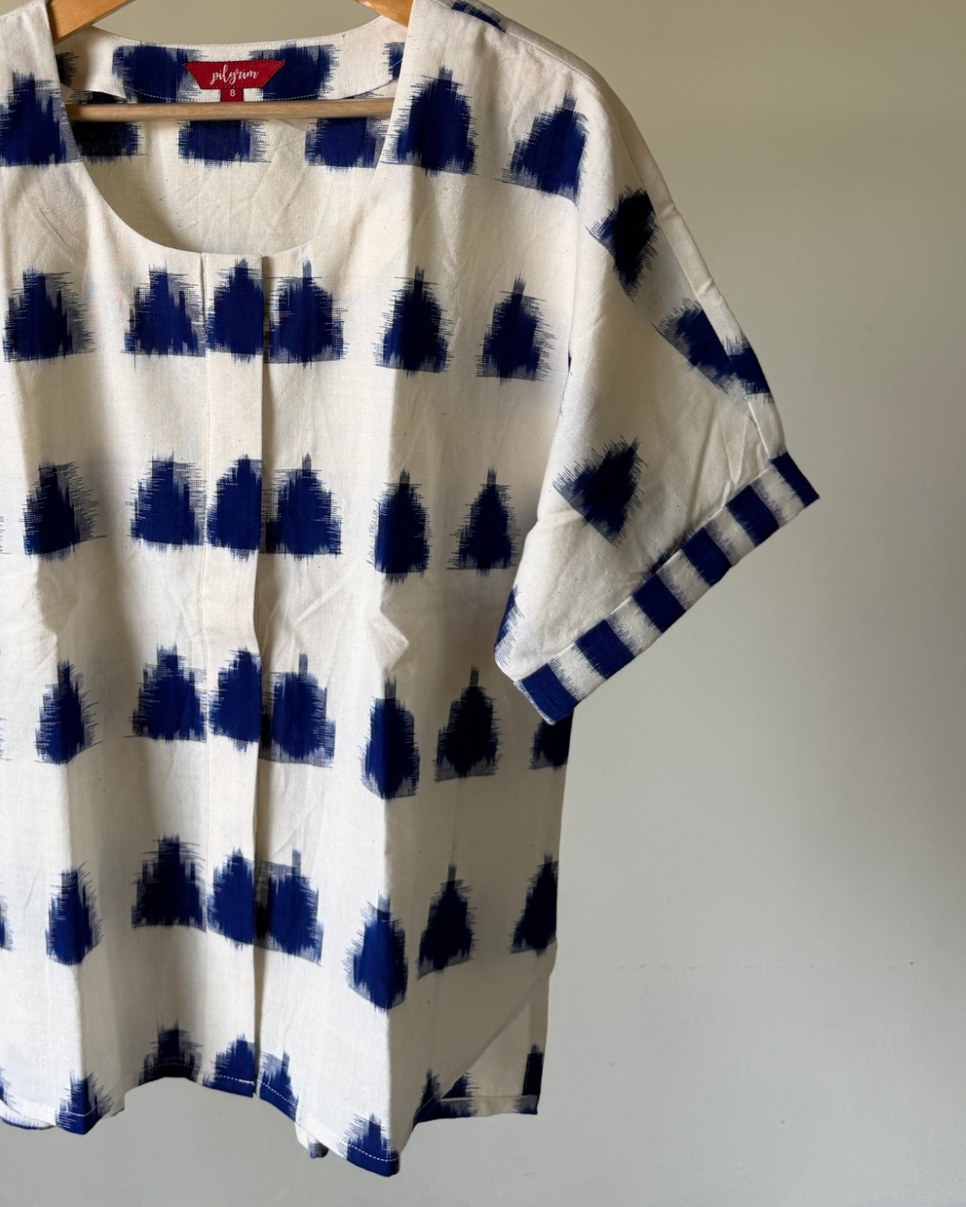 Devi Shirt (round neck)- white indigo ikkat