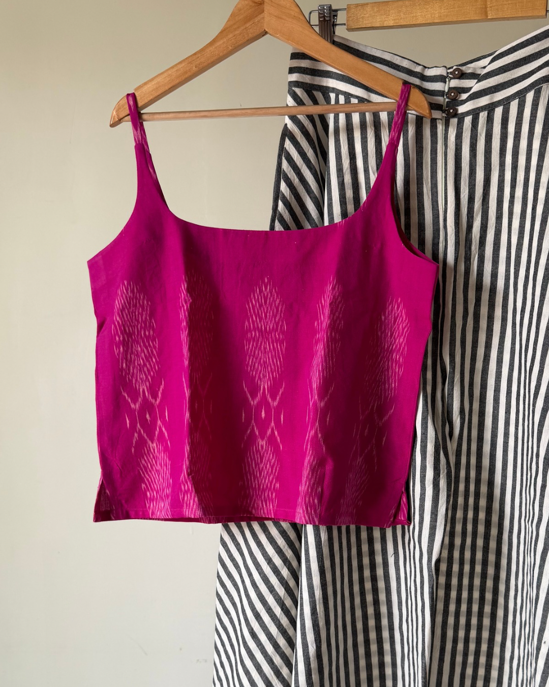 Pink ikkat top and Striped Laya Flared pant set
