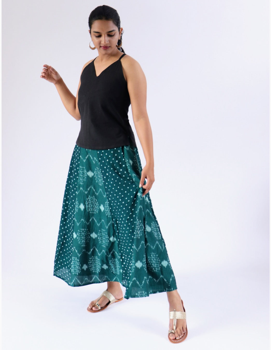 Halfmoon Skirt - Green Bandhani and ikkat