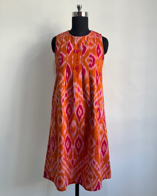 Kalyani Dress - Orange Pink ikkat