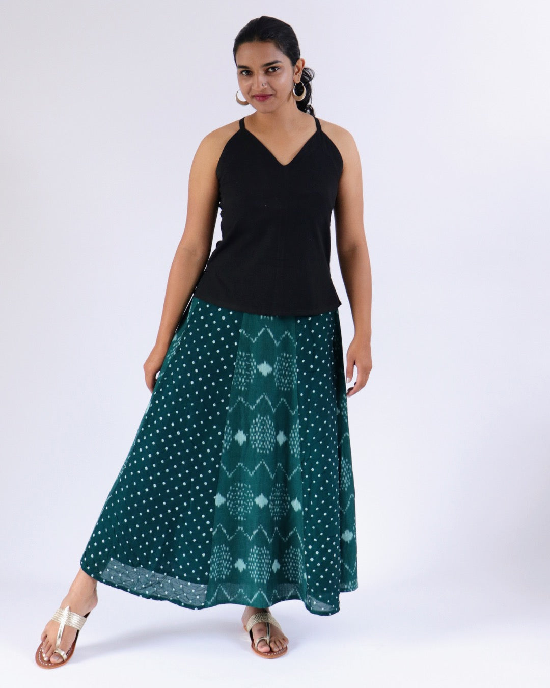 Halfmoon Skirt - Green Bandhani and ikkat