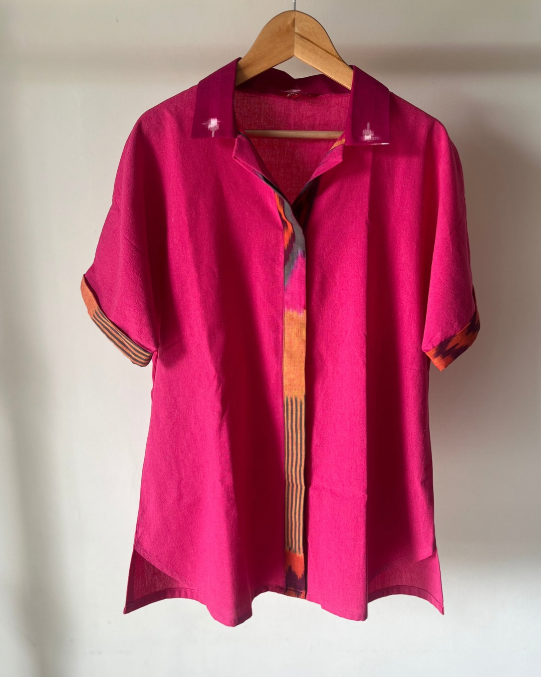 Devi Shirt - Pink cotton with ikkat trim