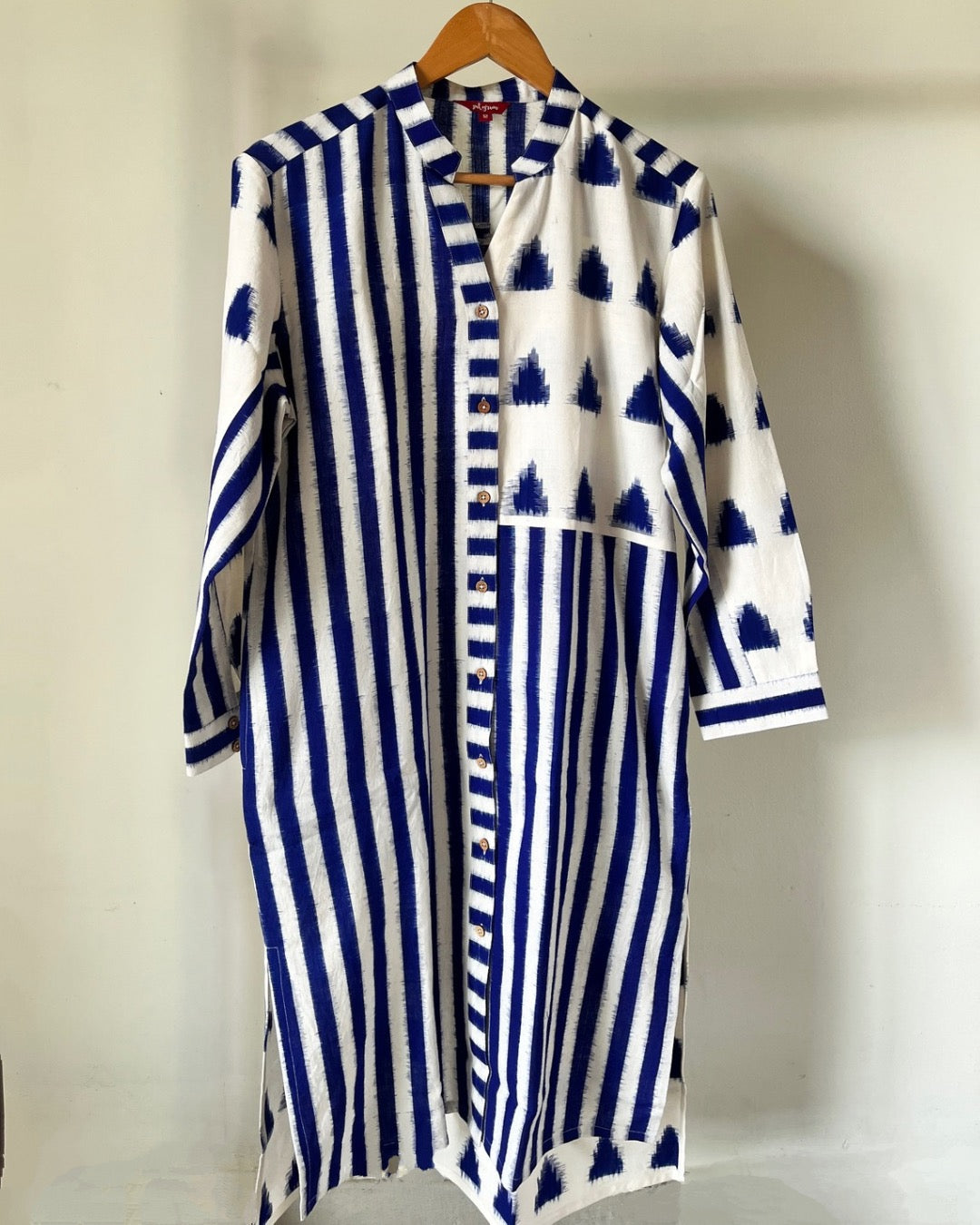 Shirt Dress - indigo ikkat triangles and stripes