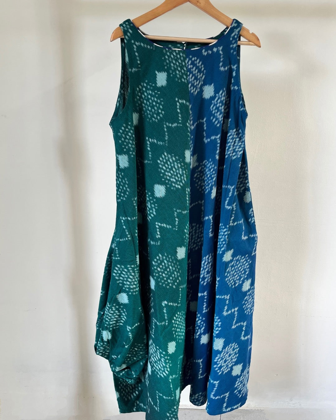 Bulbul Cowl Dress - double colour - green and blue ikkat