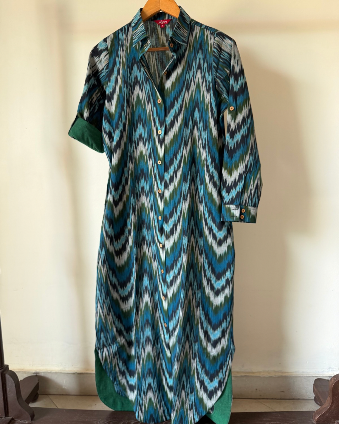 The Long Shirt Dress - blue green zig zag ikkat