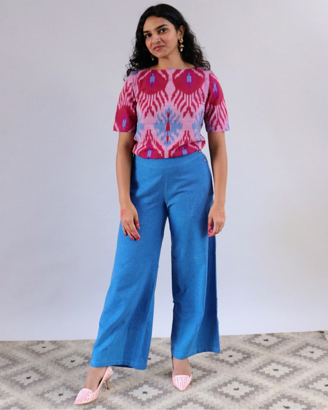Wide Leg Pants - Blue Cotton