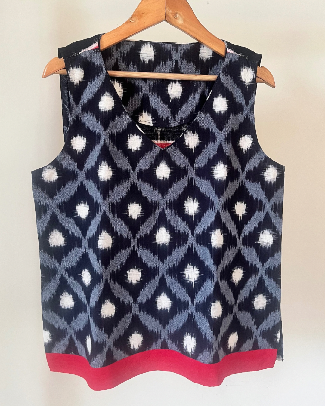 Maya Top - Black Grey Ikat/Red Border