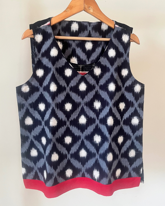 Maya Top - Black Grey Ikat/Red Border