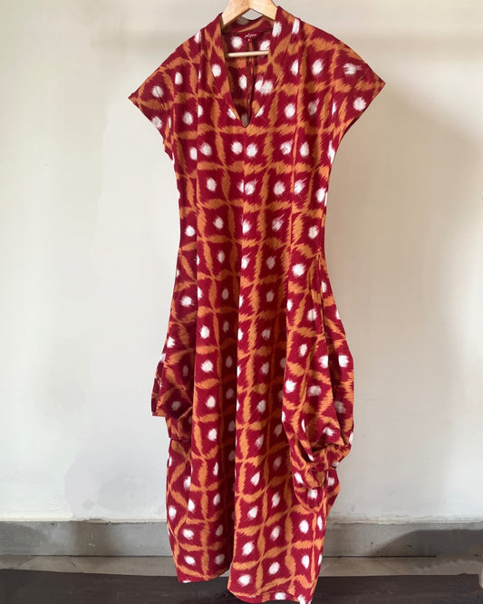 Emy Cowl Dress - red orange ikkat