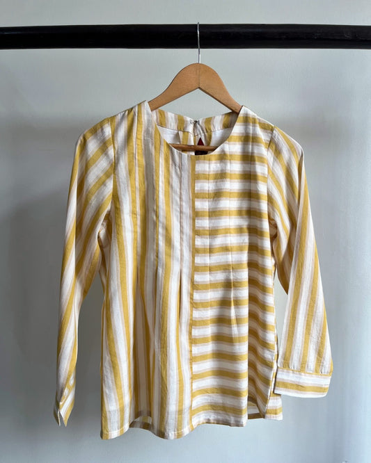 Avni (sleeved)- Light Yellow White Striped mulmul