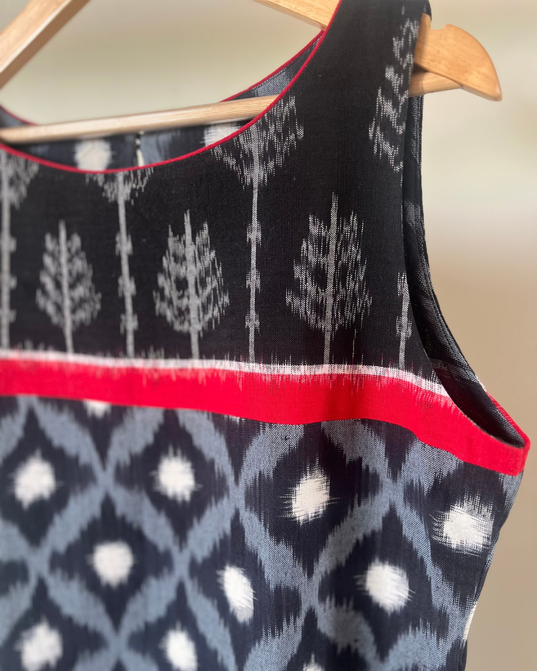 Amrit Dress - black ikkat with red contrast