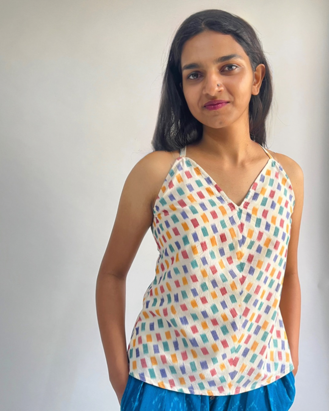 Swing Halter Top - Off White Multicolored Ikat