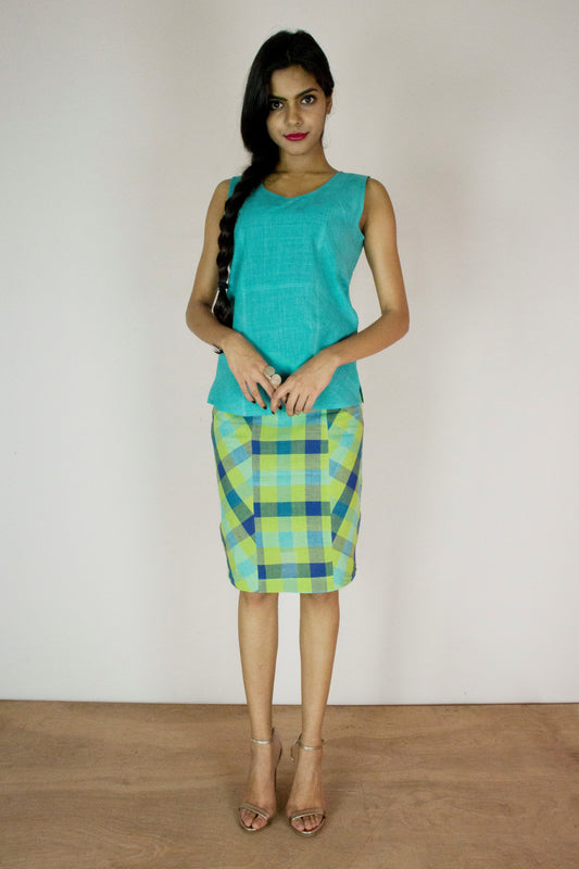 Rectangle Skirt - Neon Green Blue Checks