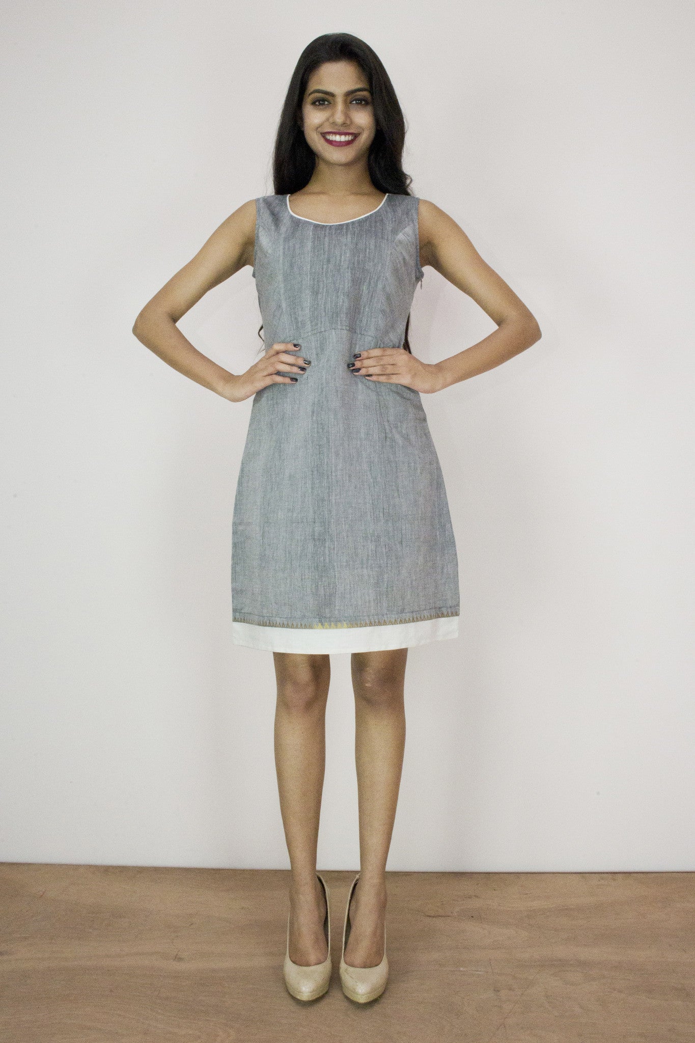Bloom Dress- Grey and White Mangalgiri with Gold Motif