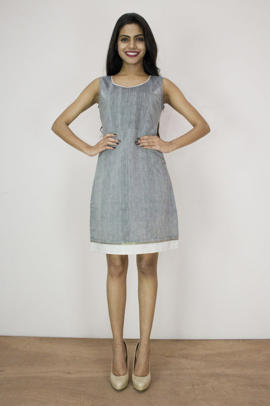 Bloom Dress- Grey and White Mangalgiri with Gold Motif