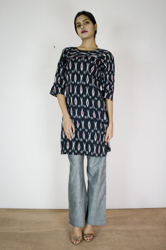 Patang Kurta - Black Maroon Geomertic Ikat