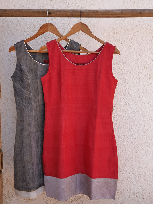 Bloom Dress- Red Mangalgiri with Grey Border