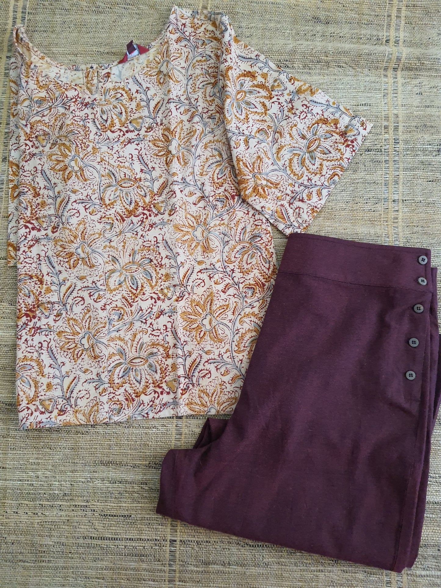 Ketaki Top - Cream Mustard Red Kalamkari.