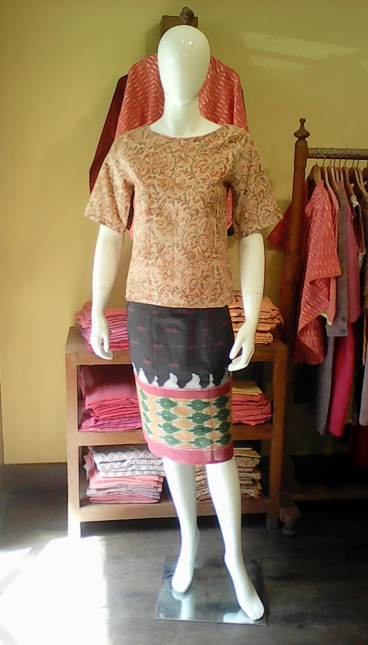 Ketaki Top - Cream Mustard Red Kalamkari.