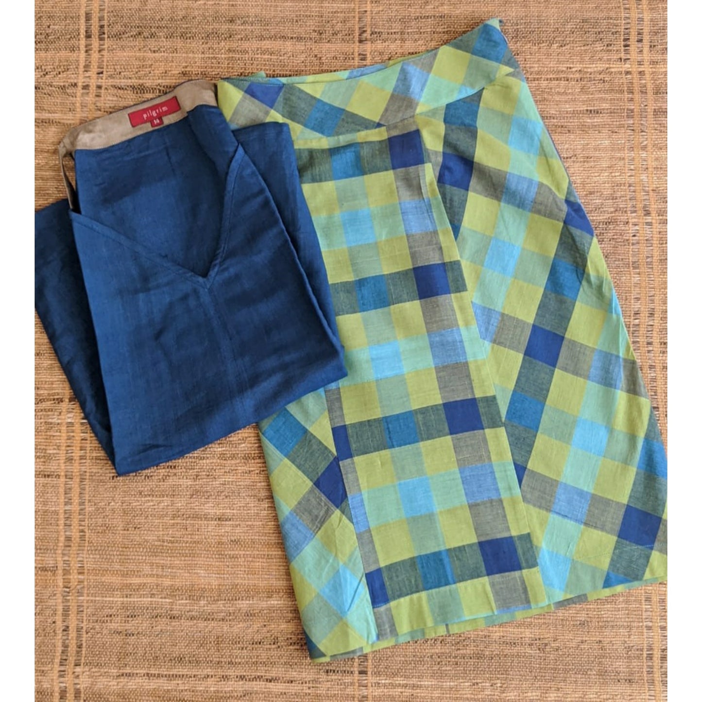 Rectangle Skirt - Neon Green Blue Checks
