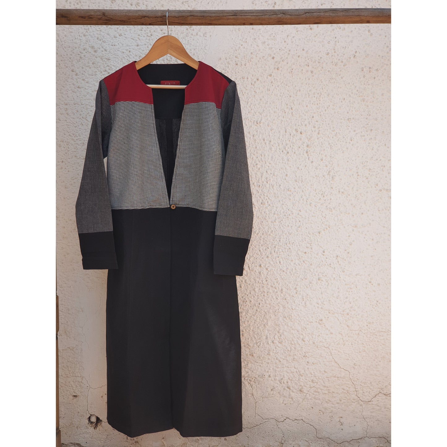 Mridul Jacket - Black and Grey Cotton with Red Trim.