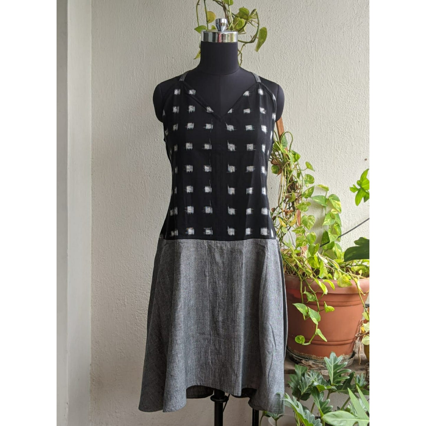 Alchemy Sundress - Black White Squared Ikat with Grey Cotton
