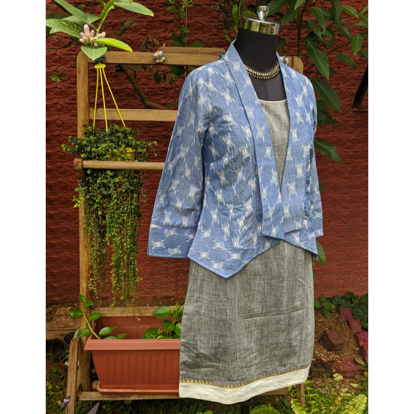 Bloom Dress- Grey and White Mangalgiri with Gold Motif