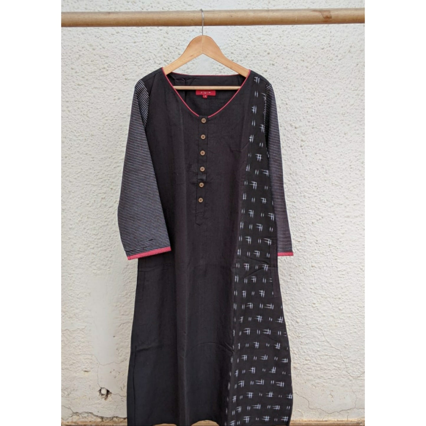 Zoya Kurta - Black White Ikat with Black Cotton and Red Striped