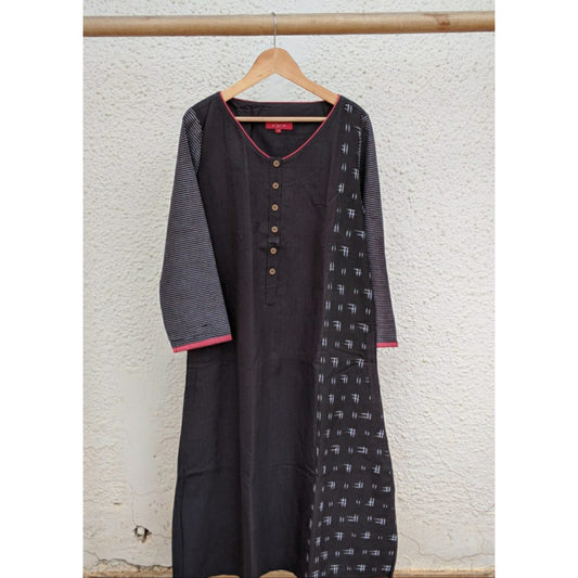 Zoya Kurta - Black White Ikat with Black Cotton and Red Striped