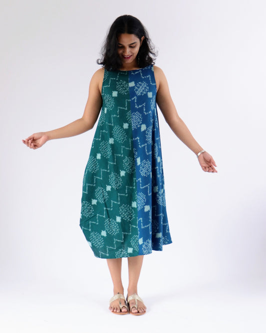 Bulbul Cowl Dress - double colour - green and blue ikkat