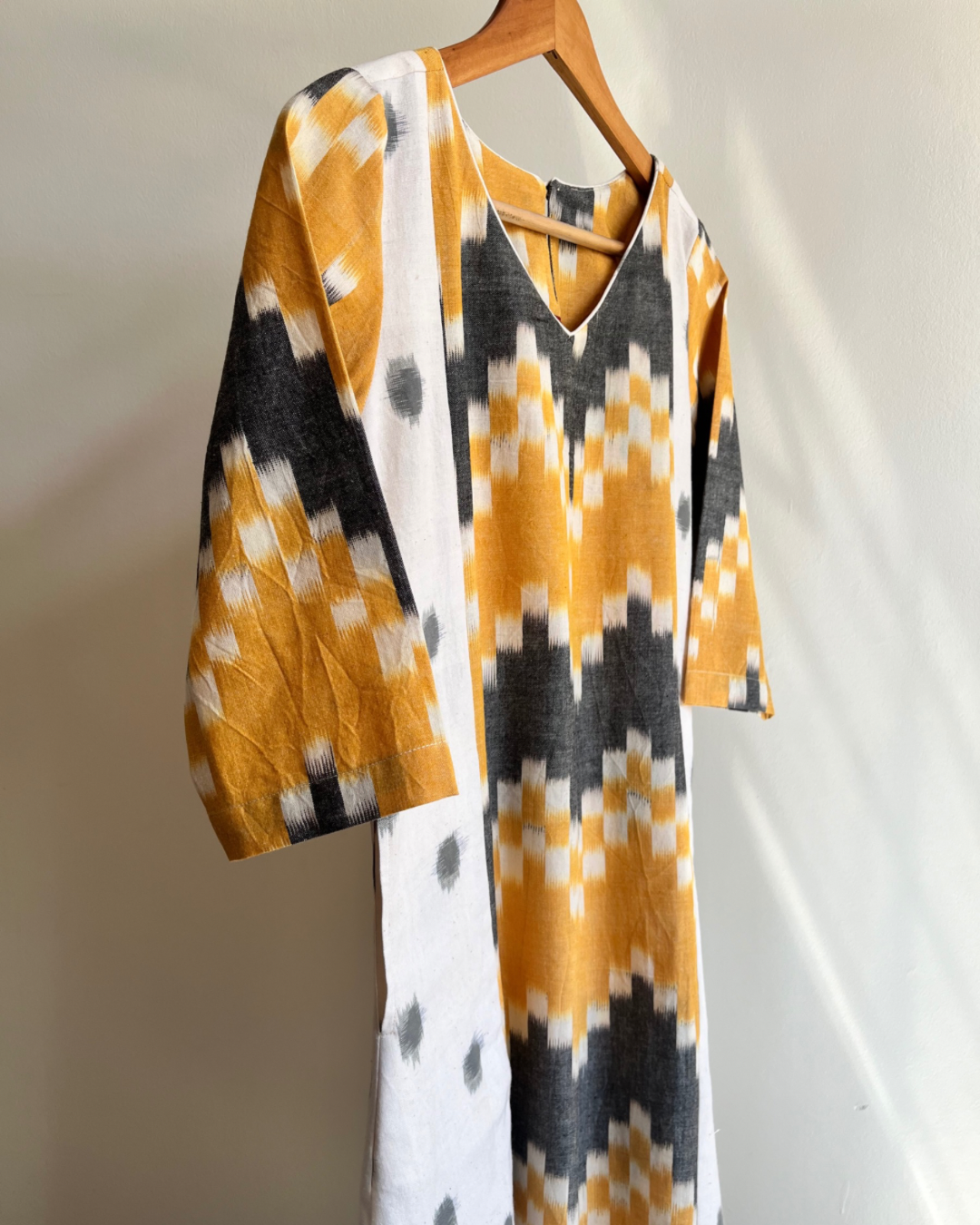 Minakshi Dress - Off White Ikat with Yellow Grey Ikat