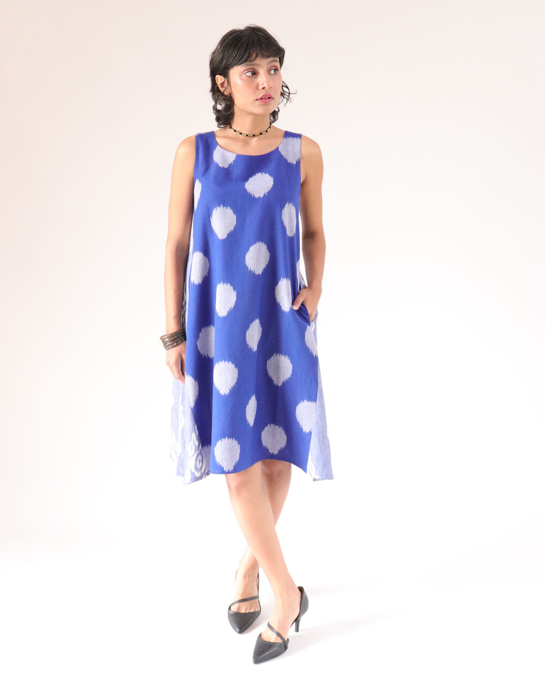 Trapeze dress - Bright blue circle ikkat