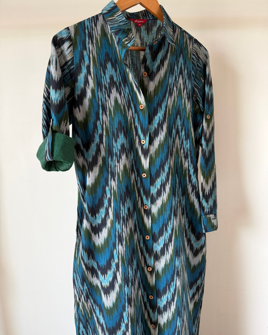 The Long Shirt Dress -  blue green zig zag ikkat