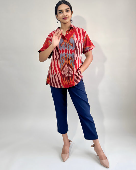 Devi Shirt - Red Abstract Uzbek Ikat