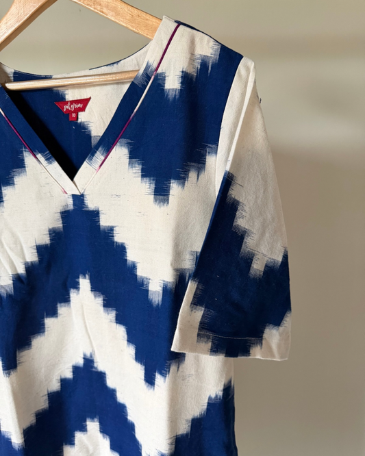 Soma dress - indigo white zig zag ikkat