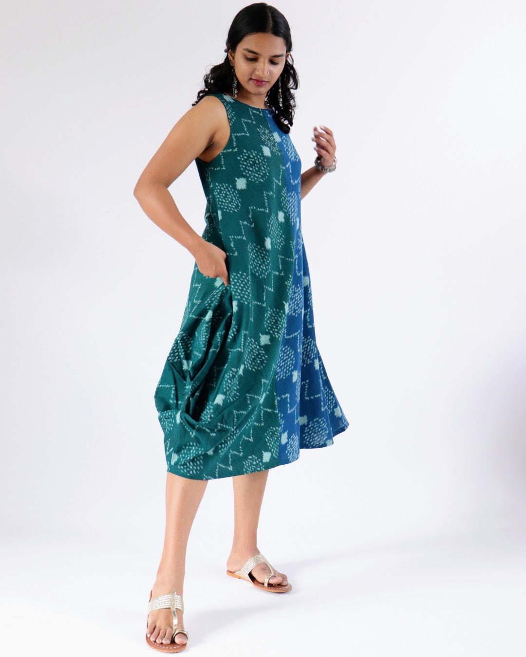 Bulbul Cowl Dress - double colour - green and blue ikkat
