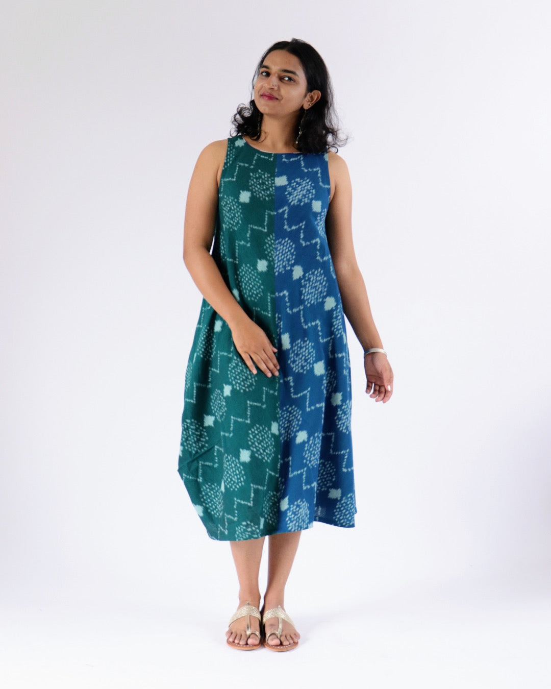 Bulbul Cowl Dress - double colour - green and blue ikkat