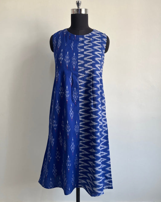 Kalyani Dress - Ink Blue White Ikkat