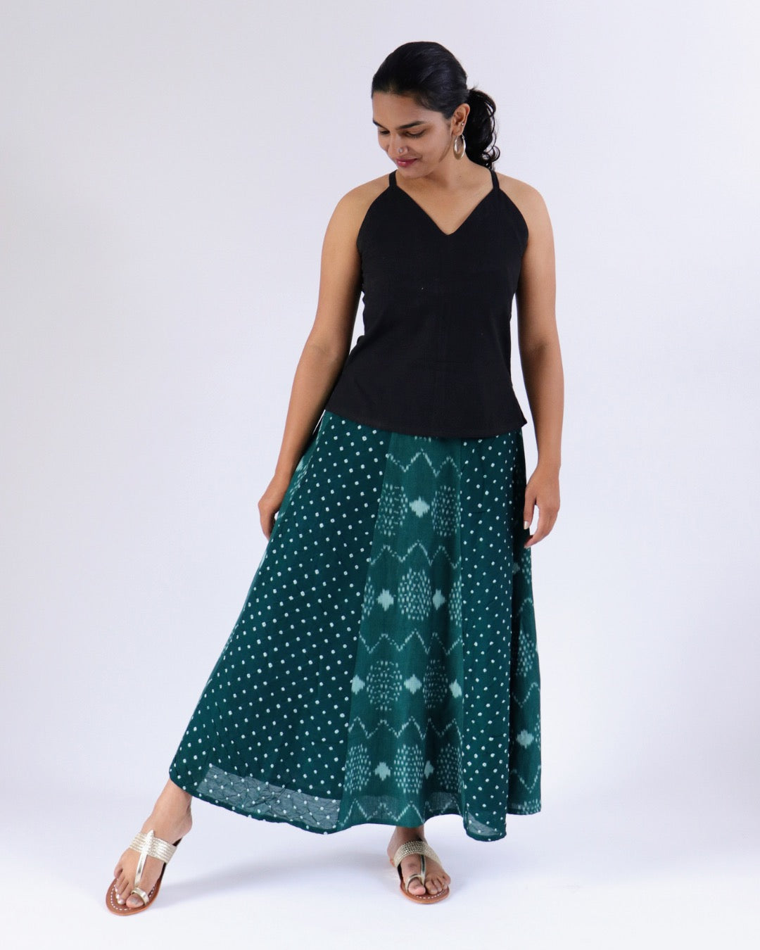 Halfmoon Skirt - Green Bandhani and ikkat