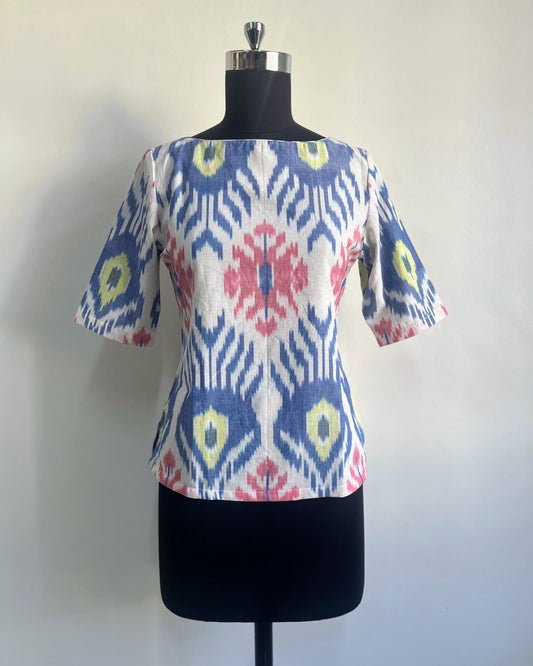 Uttara Top - White Red Blue Ikat