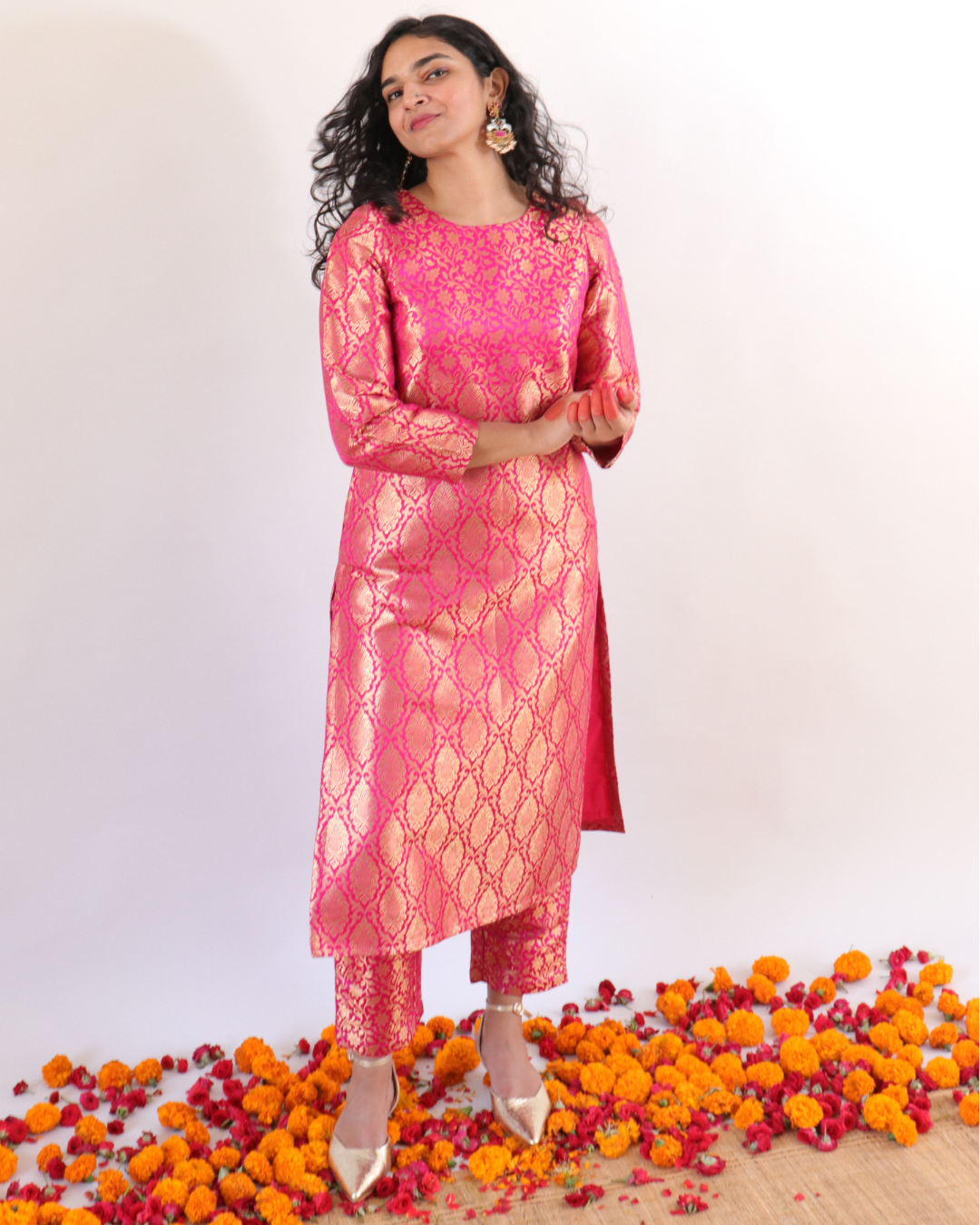 Pink brocade set- Kurta and pants