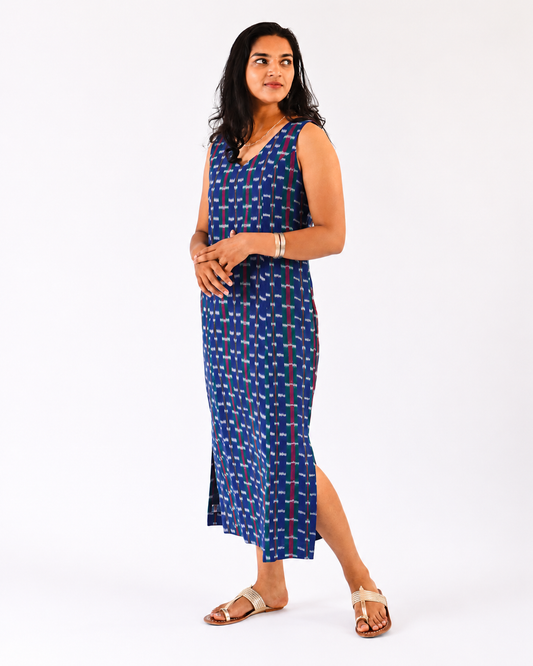 Nutan Dress - blue striped ikkat