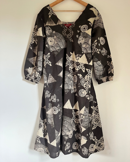 Diya Dress - charcoal Ajrakh