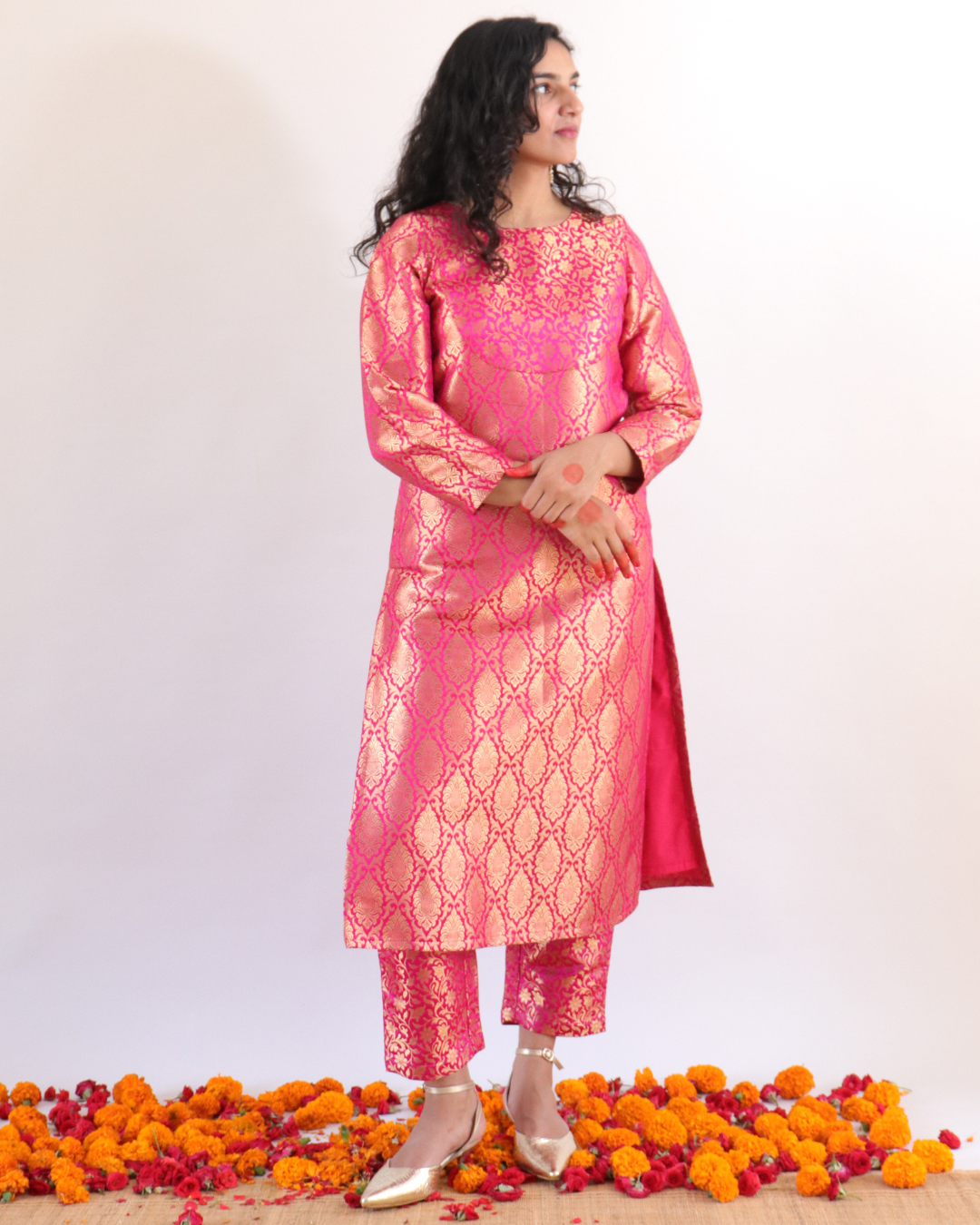 Pink brocade set- Kurta and pants