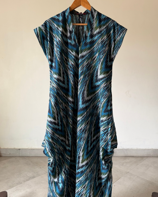 Emy Cowl Dress - blue green zig zag ikkat